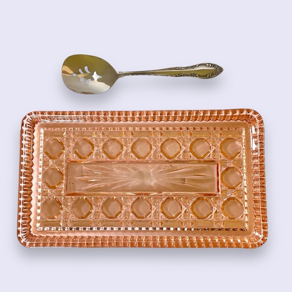 Peach Ballad Vintage Cranberry Tray w/ Server Pink Glass Oneida 8.5” - Picture 3 of 10